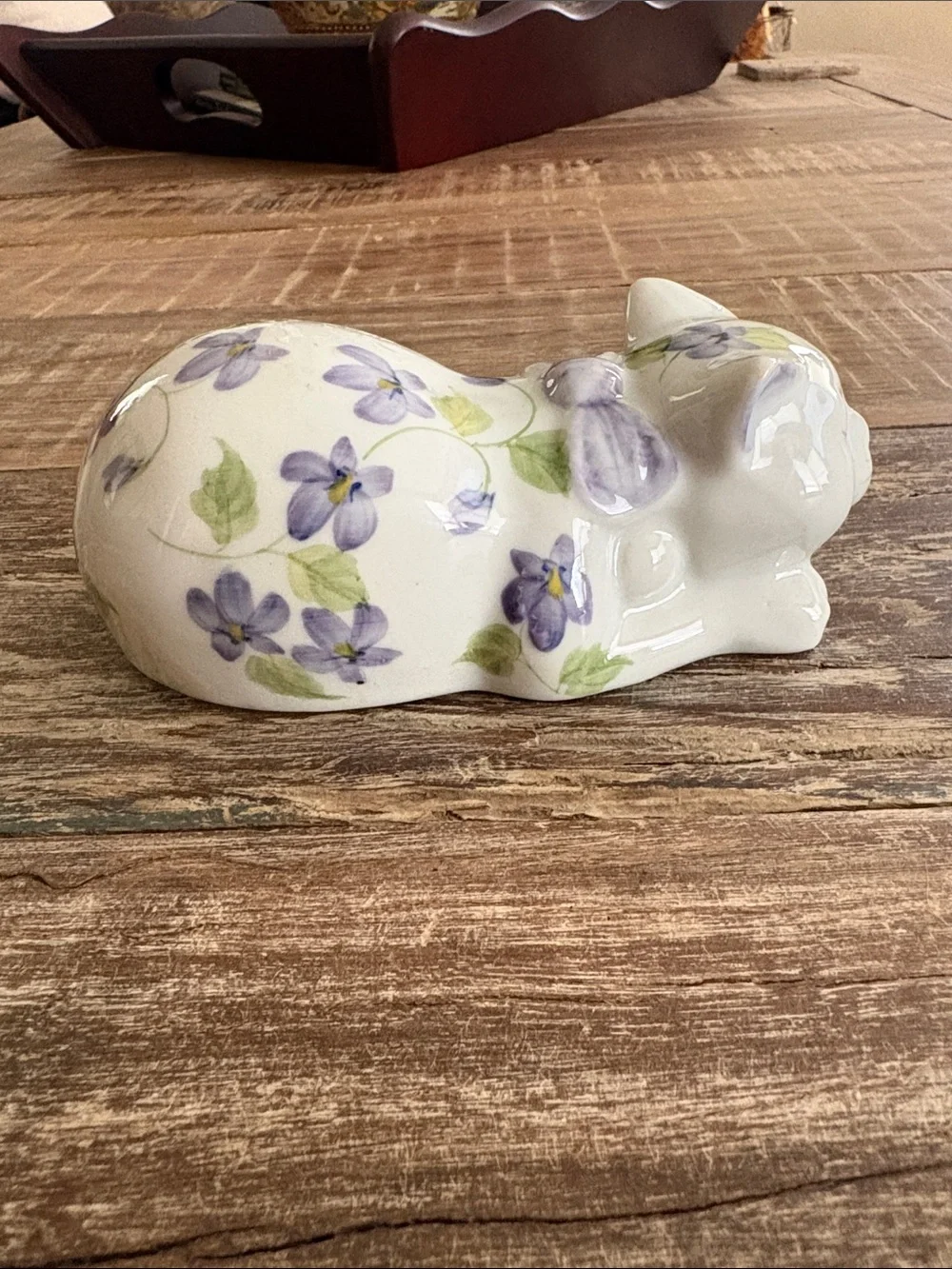 Andrea by Sadek Sleeping Kitten Cat Porcelain Figurine Violet Flowers Vintage
